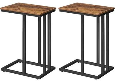 Image de Ensemble de deux tables d'appoint en forme de C, style vintage, couleur marron/noir, structure en métal, dimensions 38x27 cm