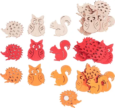 Produktbild von Streuteile Herbsttiere aus Sperrholz, Orange Rot Natur, Eule Eichhörnchen Igel, 3-4 cm, 2,5 mm, 27 Stück mit Klebepunkten