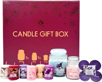 Produktbild von Duftkerzen Set mit 1 großer, 1 mittlerer, 6 Votivkerzen und 4 Teelichtern in Geschenkbox