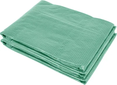 A folded green tarp is shown against a white background.