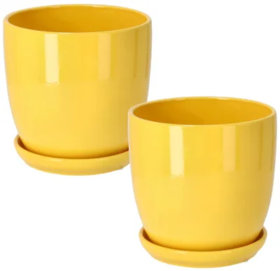 Zdjęcie produktu dla KOTARBAU® Doniczka ceramiczna, osłonka na doniczkę do kwiatów i roślin, średnica 15 cm, żółta, zestaw 2 sztuki