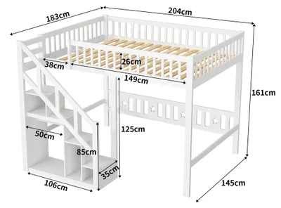 Produktbild von Etagenbett 140x200 cm - Kinderbett / Jugendbett - Massivholz - Für 2 Kinder - Mit Treppe und Absturzsicherung - Schrank und 2 Schubladen