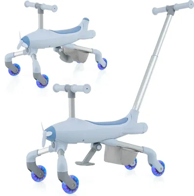 Produktbild von COSTWAY Dreirad mit Schubstange, 2 in 1 Schiebeauto & Rutschauto Laufrad bis 50kg mit LED Rädern Flugzeugoptik für Kleinkind 18M+ Blau