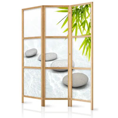 Produktbild von Paravent SPA Steine Wasser 135x171 cm - 3-teilig - einseitig - eleganter Sichtschutz - Raumteiler - Trennwand - Raumtrenner - Holz - Design Motiv - Deko - Japan p-C-0016-z-b