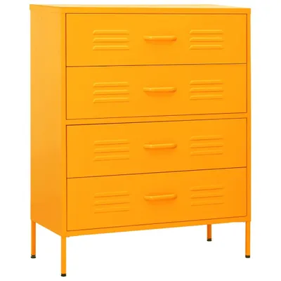 A bright orange metal dresser with four drawers is shown against a white background.