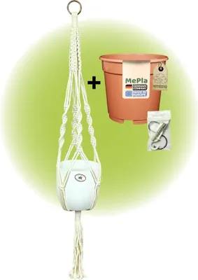 Produktbild von MePla - Set - Ampel Makramee Naturbeige - Basel ø14 Weiss + Kulturtopf ø13 + Beipack-Set 21550-001