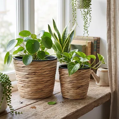 Produktbild von INtrenDU Blumentopf 2er Set Seegras rund 16 und 13 cm mit Einsatz