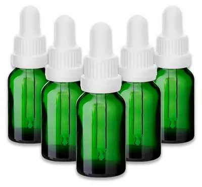 Produktbild von 5x Grüne Glasflasche 15 ml mit Pipette und weißem Verschluss Tropfen