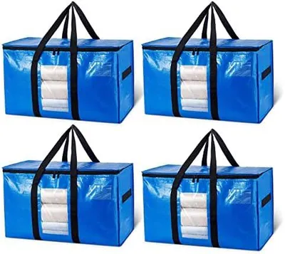 Produktbild von Umzugstasche mit Reißverschluss,Große Aufbewahrungstasche mit Deckel& Griffe Sichtfenster Aufbewahrung Bettdecken Kleidung Umzug Reisen Bettzeug,Alternativen zu Umzugskartons(4 PCS Blau)
