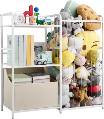 Produktbild von Kinderzimmer Bücherregal Weiß mit Spielzeugkiste 2-stöckig - Kinderbücherregal mit Stoffspielzeugtruhe - geeignet für Wohnzimmer, Eingangsbereich, Kindergarten - Spielzeugaufbewahrung für Kinderzimmer