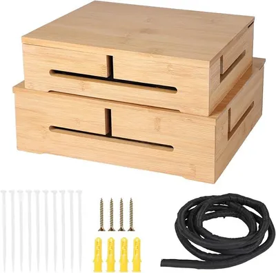 Produktbild von PolkaHome® 2er Set Kabelmanagementbox aus Akazienholz – Kabelbox mit magnetischem Deckel, Kabelorganisation für Steckdosenleisten,