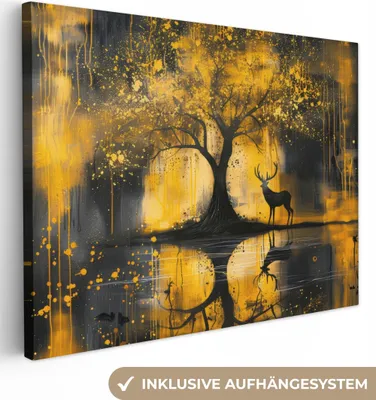 Obrázek produktu pro OneMillionCanvasses® - Obraz na plátně - Strom - Malba - Jelen - Příroda - Zlatá, nástěnná malba, nástěnné dekorace obrazy obývací pokoj, 40x30cm