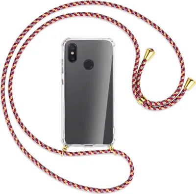 Produktbild von Handykette Backcover-Schutzhülle mit Band (Metall goldfarben) für Xiaomi Mi 8 / Mi 8 Pro - weinrot/gelb/grau