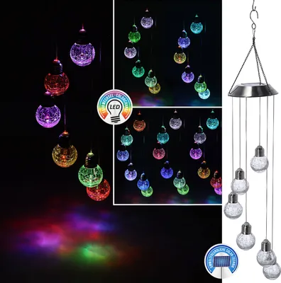 Produktbild von Solar Hängeleuchte ca. 75cm mit 6 Leuchtkugeln mit Farbwechsel Edelstahl Glas Hängelampe Deckenlampe akkubetrieben