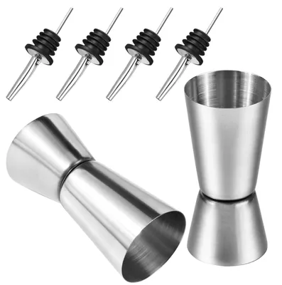 Produktbild von Cocktail Messbecher Set Edelstahl 2 Stück Doppelmaß mit 4 Flaschenausgießern