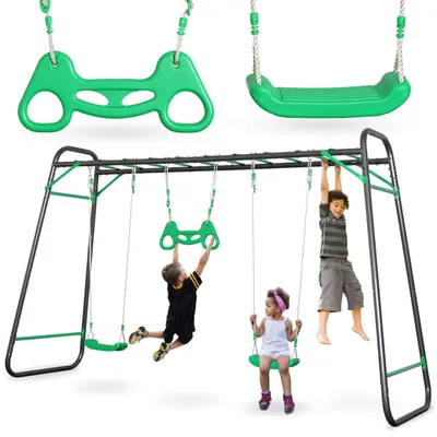 Zdjęcie produktu dla HyperMotion SWING HYP17 huśtawka ogrodowa stalowa XXL, 2 siedziska, drabinka i trapez gimnastyczny dla dzieci 3+