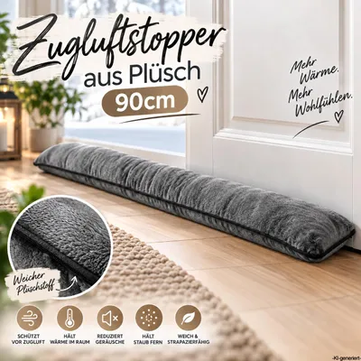Produktbild von Zugluftstopper Tür 90 cm Grau – Weicher Plüsch Windstopper, Türbodendichtung gegen Zugluft, wärmeisolierend, geräuschreduzierend & energiesparend