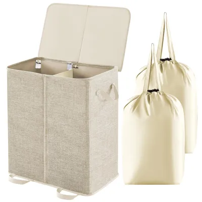 Waschkorb mit Deckel, 2 Fächer, 136 L, beige
