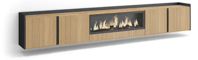 Image de PULLER Meuble TV, Banc Télé, 315x35x50 cm, Pour les TV jusqu'à 80", Cheminée électrique XXL, Suspendu, Mural, Chêne et noir