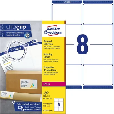 Obrázek produktu pro Avery L7165-100, Bílá, A4, 100 listy, 99,1 mm, 67,7 mm, 800 kusů