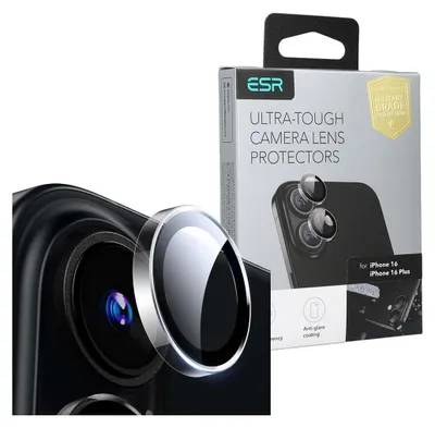 A product shot of ESR camera lens protectors for iPhone 16/16 Plus, with the packaging visible.