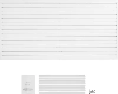 A white slatted wall panel system is shown from a top-down perspective, with a small stack of white slats and a small white booklet below it.