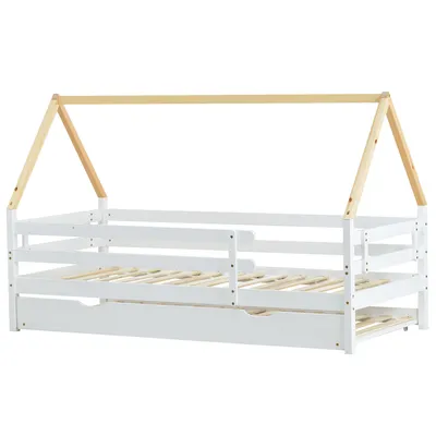 Produktbild von Flieks Kinderbett 90x200cm mit Lattenrost, Hausbett Einzelbett mit Ausziehbarem Bett, Tagesbett Gästebett Massivholzbett, Weiß