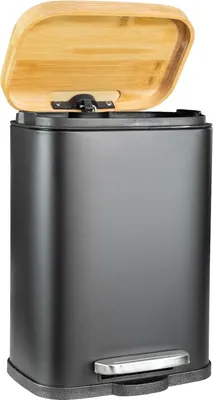 A dark gray trash can with a bamboo lid is shown against a white background.