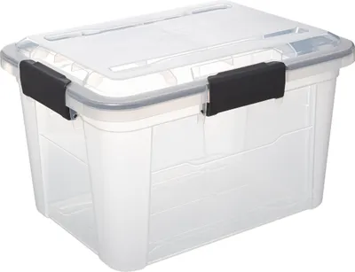 A clear, well-lit studio shot of a transparent plastic storage box with black latches.
