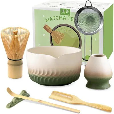 Obrázok produktu pre Sada na prípravu matcha čaju – 7-dielna: keramická miska, bambusová metlička, držiak na metličku, sitko, 2 lyžičky