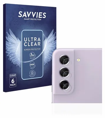 A product shot showing packaging for screen protectors and a close-up of a smartphone's camera lenses with the protectors applied.