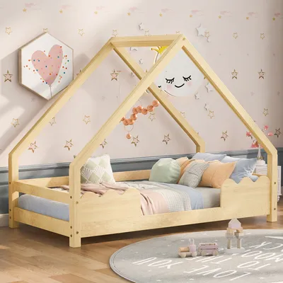A child's bedroom with a wooden house bed, decorated with stars and clouds on the wallpaper.