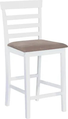 A white bar stool with a brown fabric seat, shown from the front on a white background.