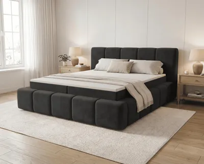 Obrázok produktu pre Postel s pružinovou základňou 160x200 cm Calisto - matrac H3, vrchná vrstva, zásuvka pod posteľ - látka zamat, čierna farba, Obrázok generovaný UI