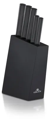 A set of five black knives in a black knife block, presented on a white background with a subtle reflection.
