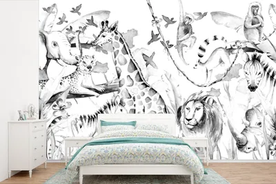 Produktbild von MuchoWow® Fototapete für Wohnzimmer oder Schlafzimmer Wandtapete Vinyl Motivtapete Aquarelle - Tiere - Dschungel - Jungen - Mädchen - Kinder - Kinder - 360x240 cm - Vinyl-Tapete