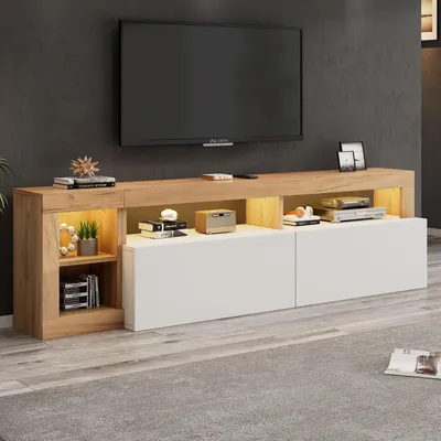 Zdjęcie produktu dla Szafka RTV Merax z oświetleniem LED, przeznaczona do telewizorów o przekątnej 80 cali, szafka pod telewizor z otwartą przestrzenią do przechowywania i systemem zarządzania kablami, szafka do salonu z wysuwanymi drzwiczkami wykonanymi z MDF, w kolorze białym