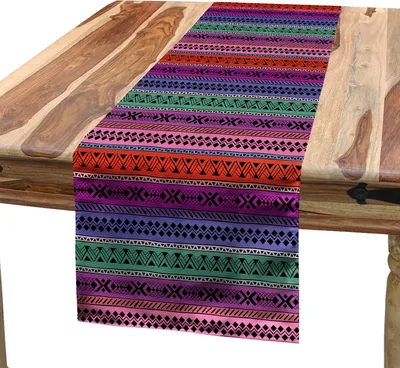 Produktbild von ABAKUHAUS asiatisch Tischläufer, Geometrisches abstraktes Stammes- Muster auf horizontaler bunter Streifen-Gekritzel-Art Retro, 40 x 180 cm, Mehrfarbig
