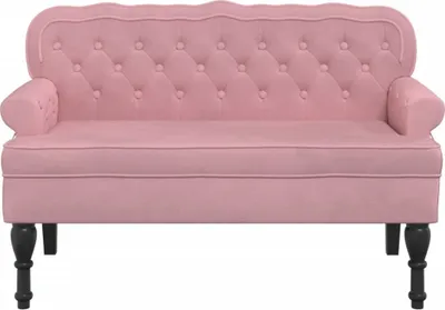 A pink velvet loveseat with tufted backrest and black legs, shown from the front on a white background.