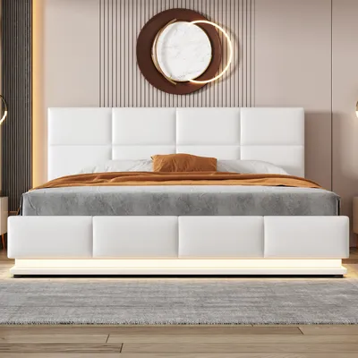 Produktbild von okwish LED-Polsterbett 160 x 200 cm, Lattenrost und Bettkasten aus Metall, Doppelbett mit höhenverstellbarem Kopfteil, hydraulische Lagerung, weiß (ohne Matratze)