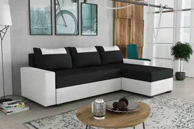 Produktbild von Ecksofa Schlafsofa Sofa HEDVIG Kunstleder/Stoff Weiß- Schwarz Ottomane Rechts
