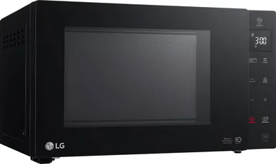 A black LG microwave oven is shown from a three-quarter angle against a white background.