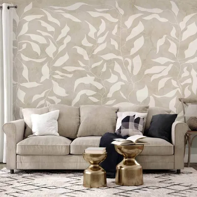 Produktbild von Selbstklebende Folie Fototapete - White leaves - abstract plant motif on beige background with frame 98x70 cm Abstrakt b-A-0893-a-a
