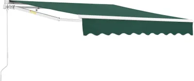 A dark green retractable awning with a white frame and scalloped edge, shown extended.