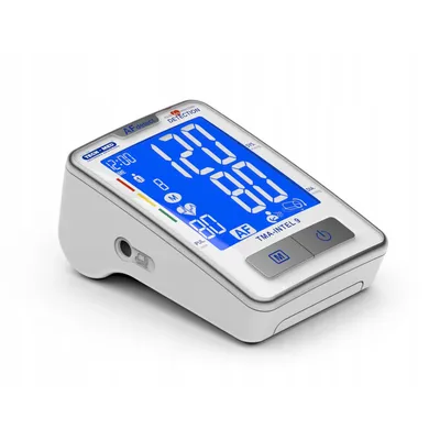 A digital blood pressure monitor with a blue LCD screen displaying readings and icons.