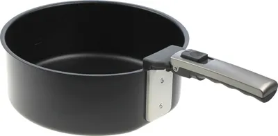 A black pot with a silver handle against a white background.