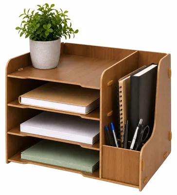 Produktbild von Relaxdays Briefablage, DIN A4, 4 Fächer, Stehsammler, Stifthalter, HxBxT: 23 x 31,5 x 29 cm, MDF, Ablagefächer, braun
