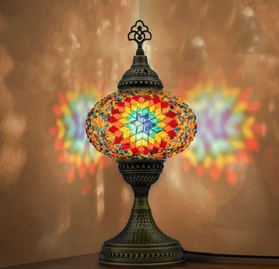 Imagen del producto de Lámpara de mesa estilo mosaico, lámpara de noche hecha a mano, lámpara Tiffany de estilo turco-árabe, decoración marroquí para dormitorios y oficinas, colores del arcoíris