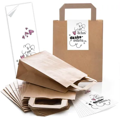 Produktbild von Logbuch-Verlag 10 Henkteltaschen aus Kraftpapier braun + 10 Vintage Aufkleber grün beschriftbar Gastgeschenk Mitgebsel Geschenktüte Hochzeit Vintagedeko natürlich"Ein herzliches Dankeschön" weiß rosa / 50 Stück