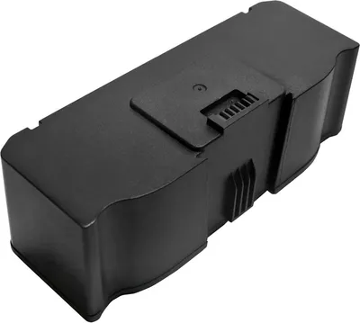 A black battery pack for a robot vacuum cleaner is shown against a white background.